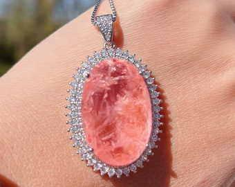 Morganite Pink Oval Shape Halo Pendant, Magnificent Vivid Salmon Pink Necklace, Best Gift For Her 18KGP