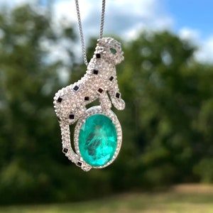 4ct Jaguar Pendant Vibrant Green Crystal Pendant Elegant Jaguar Pendant Neon Glowing Silver Color Setting May Birthstone 18KGP