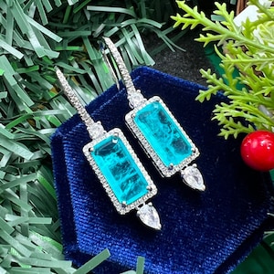 45mm Geometric PARAIBA Neon Blue Tassel EARRING, Dangle Drop Earring, Magnificent Neon Vivid Blue Color Exotic Neon Glow Blue 18KGP