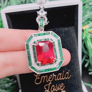 Triple Halo Ruby Red Swarovski Crystal Necklace Luxury Vibrant July Birthstone Ruby Pendant Best Gift For Her 18KGP