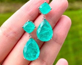 PARAIBA Blue/Ocean Blue Color EARRING Dangle Drop Chandelier Magnificent Exotic Neon Vivid Blue Color Exotic Neon Glow Blue Paraiba 18KGP