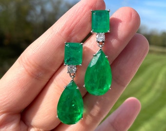 Deep Green Simulated Emerald Earrings, Vivid Green Inspired By Angelina Jolie Long Tassel Earring Bestseller 18KGP