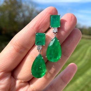 Deep Green Simulated Emerald Earrings, Vivid Green Inspired By Angelina Jolie Long Tassel Earring Bestseller 18KGP