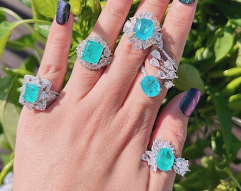 PARAIBA TOURMALINE Blue Halo Floria Ring, Magnificent Exotic Neon Blue/Vivid Glow Blue Color/ Glow Paraiba Blue Ring Adjustable Size 6-8