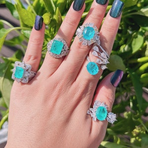 PARAIBA TOURMALINE Blue Halo Floria Ring, Magnificent Exotic Neon Blue/Vivid Glow Blue Color/ Glow Paraiba Blue Ring Adjustable Size 6-8