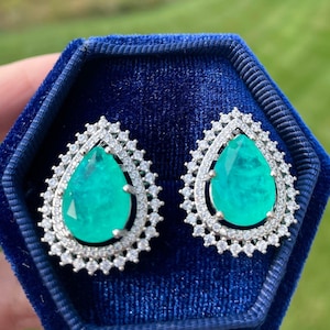 Magnificent Double Halo Earring Luxury BLUE PARAIBA TOURMALINE Earring Pear Exotic Neon Vivid Blue Color & Glow, Ice Blue Earring Stud 18KGP