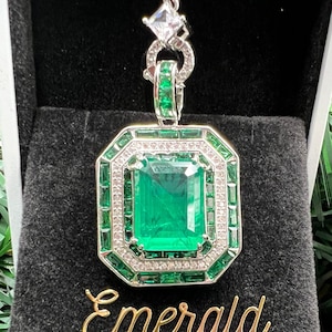 Tennis Necklace w EMERALD Green Square Triple Halo Pendant, Luxury Vibrant Lucky Neon Glowing May Birthstone 18KGP