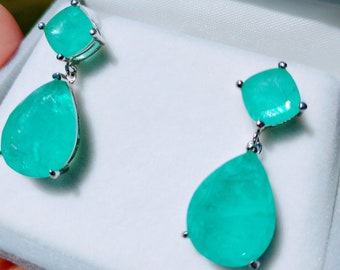 SimulatedPARAIBA Blue EARRING Dangle Drop Chandelier TOURMALINE Magnificent Exotic Neon Vivid Blue Color Exotic Neon Glow Blue Paraiba 18KGP
