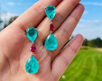 10*40mm PARAIBA Blue Dangle Drop EARRING Bicolor Chandelier Long Tassel Earring Exotic Neon Vivid Blue Earring GIFT For Her 18KGP