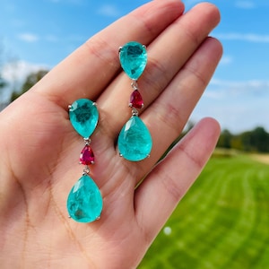 10*40mm PARAIBA Blue Dangle Drop EARRING Bicolor Chandelier Long Tassel Earring Exotic Neon Vivid Blue Earring GIFT For Her 18KGP