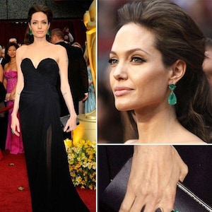 Angelina Jolie Long Tassel Emerald Color Earring Vibrant Green Earring & Ring Gift Set Vivid Green Golden Color Setting 18KGP