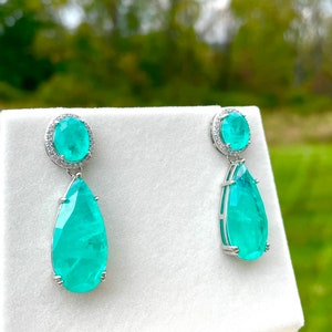 PARAIBA Blue Halo EARRING Dangle Drop Chandelier TOURMALINE Magnificent Exotic Neon Vivid Blue Color Exotic Neon Glow Blue Paraiba 18KGP image 9