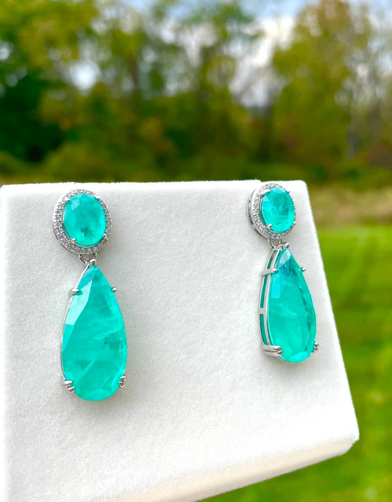 PARAIBA Blue Halo EARRING Dangle Drop Chandelier TOURMALINE Magnificent Exotic Neon Vivid Blue Color Exotic Neon Glow Blue Paraiba 18KGP image 9