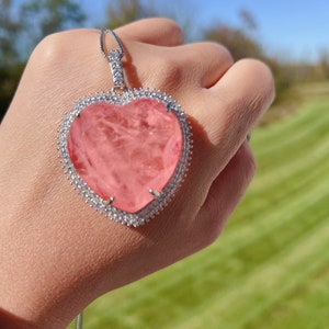 Morganite Pink XL Heart Shape Halo Pendant, Magnificent Vivid Salmon Pink Necklace, Best Gift For Her 18KGP