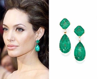 Vibrant Green Emerald Simulant Earrings, Vivid Green Emerald Inspired By Angelina Jolie Long Tassel Earring Bestseller 18KGP