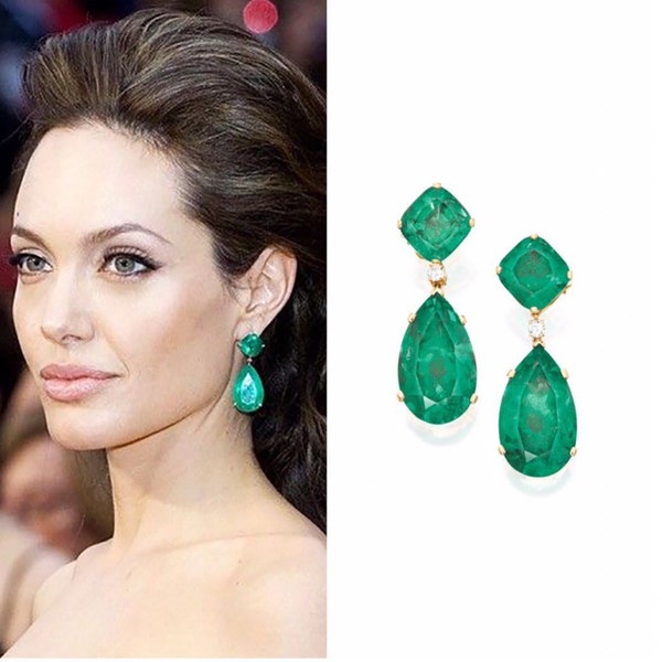 Vibrant Green Emerald Simulant Earrings, Vivid Green Emerald Inspired By Angelina Jolie Long Tassel Earring Bestseller 18KGP