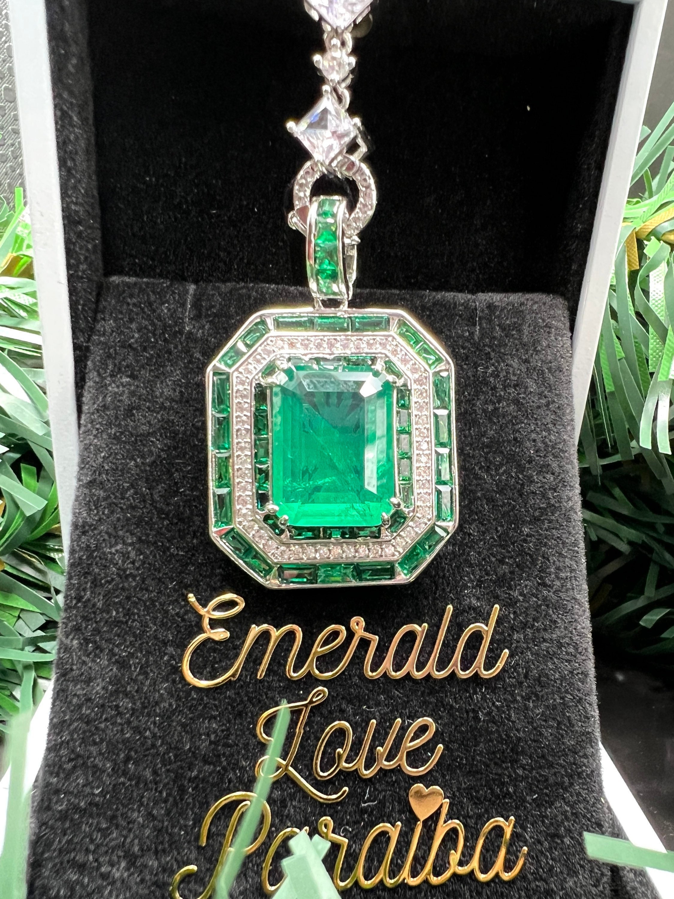 Tennis Necklace w EMERALD Green Square Triple Halo Pendant, Luxury Vibrant Lucky Neon Glowing May Birthstone 18KGP
