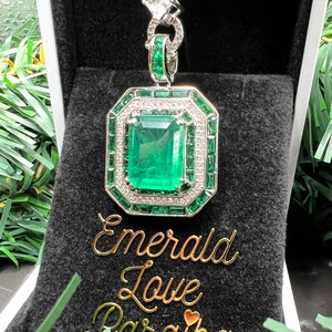 Tennis Necklace w EMERALD Green Square Triple Halo Pendant, Luxury Vibrant Lucky Neon Glowing May Birthstone 18KGP