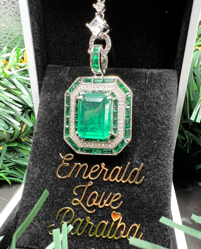 Tennis Necklace w EMERALD Green Square Triple Halo Pendant, Luxury Vibrant Lucky Neon Glowing May Birthstone 18KGP