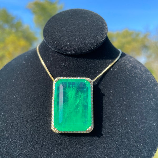 EMERALD Green Luxury Vibrant Green Emerald Rectangle Pendant Elegant Pendant, Neon Glowing Golden Color Setting May Birthstone 18KGP