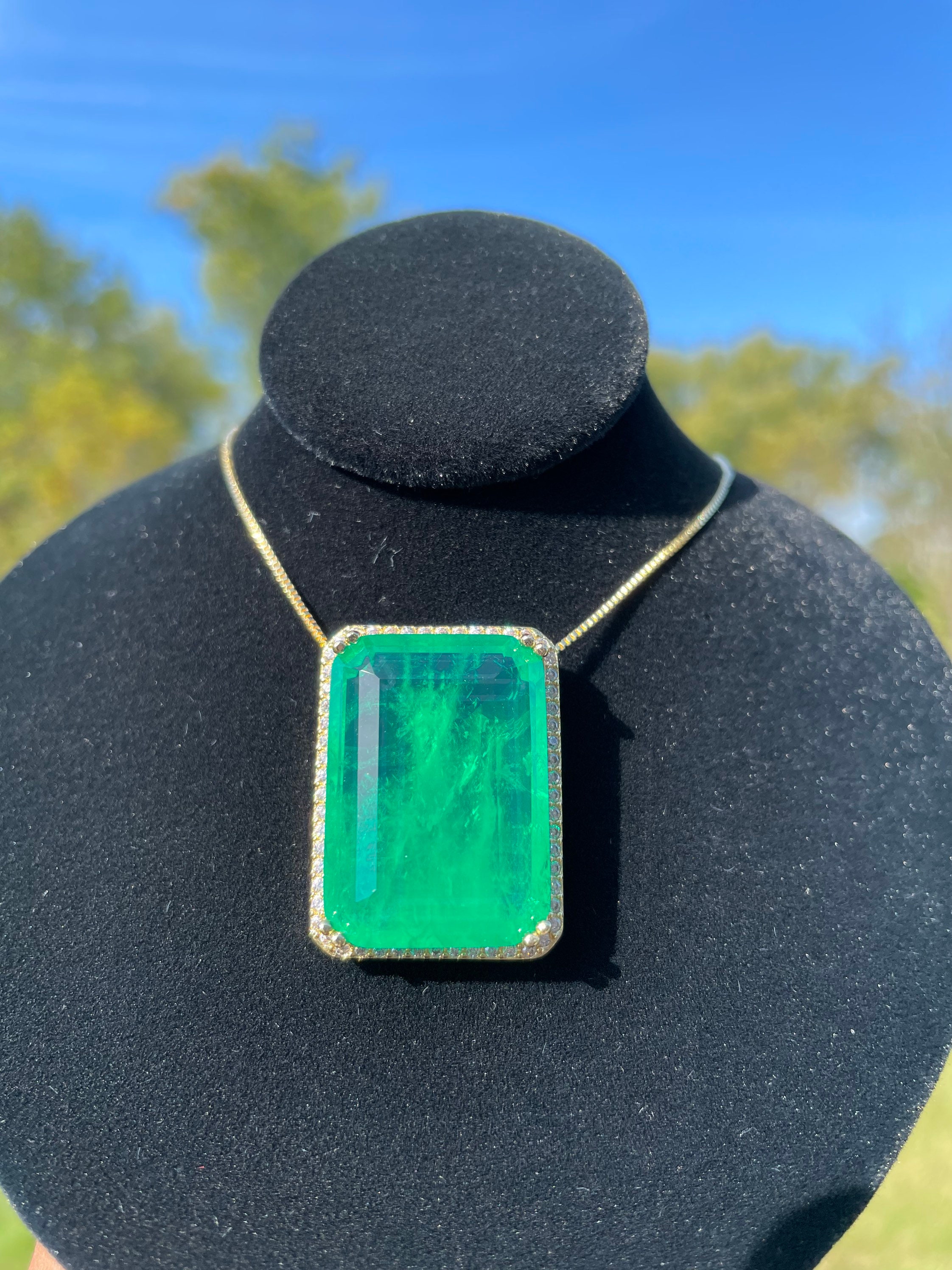 EMERALD Green Luxury Vibrant Green Emerald Rectangle Pendant Elegant Pendant, Neon Glowing Golden Color Setting May Birthstone 18KGP