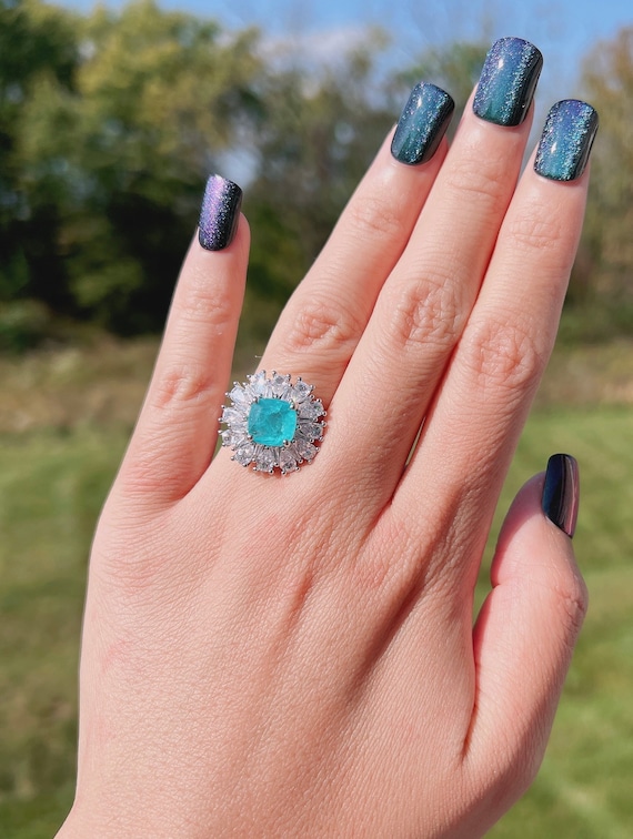PARAIBA Blue Ocean Blue Halo Vintage Ring Magnificent Exotic Neon Blue vivid Glow Blue Color Glow Paraiba Blue Ring Adjustable Size 6 8 Etsy
