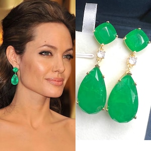Inspired By Angelina Jolie Vibrant Green Simulated Emerald Earrings, Vivid Green Emerald Long Tassel Earring Bestseller 18KGP