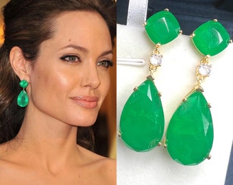Inspired By Angelina Jolie Vibrant Green Simulated Emerald Earrings, Vivid Green Emerald Long Tassel Earring Bestseller 18KGP