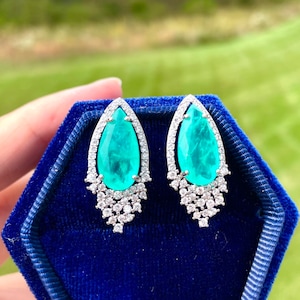 Magnificent Halo Earring Luxury BLUE PARAIBA TOURMALINE Earring, Exotic Neon Vivid Blue Color & Glow, Perfect Gift, Ice Blue Earring Stud