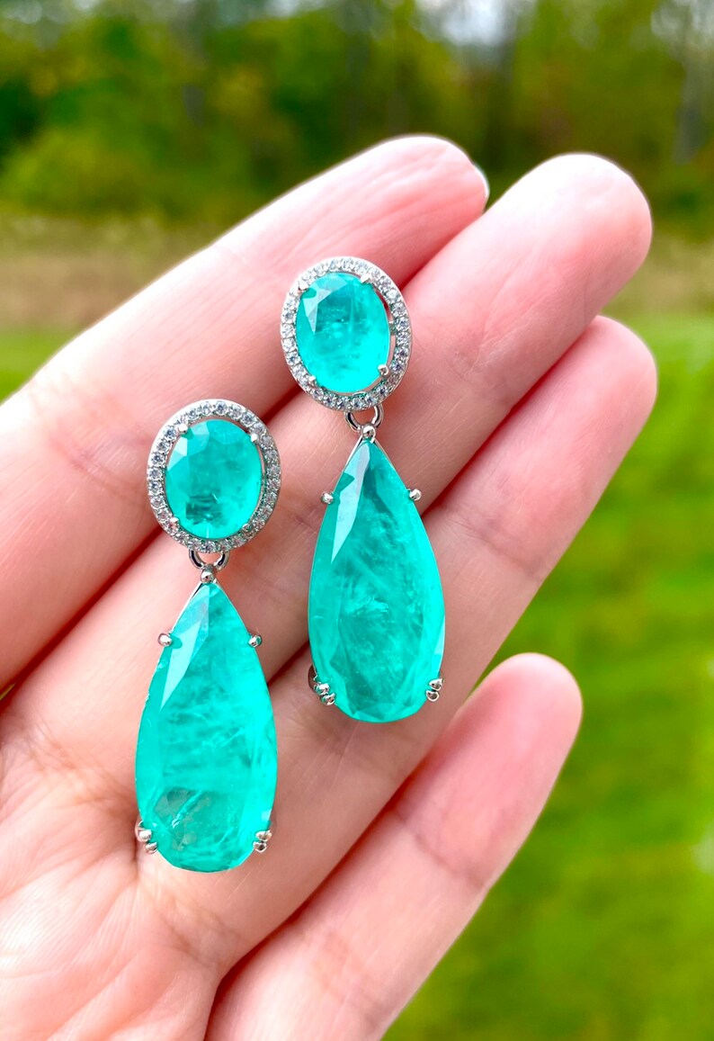 PARAIBA Blue Halo EARRING Dangle Drop Chandelier TOURMALINE Magnificent Exotic Neon Vivid Blue Color Exotic Neon Glow Blue Paraiba 18KGP image 5