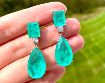Paraiba Iced Blue /Ocean Blue Earrings, Vivid Blue Paraiba Inspired By Angelina Jolie Long Tassel Earring Bestseller 18KGP