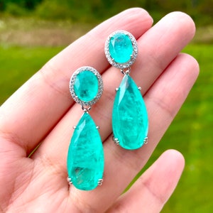 PARAIBA Blue Halo EARRING Dangle Drop Chandelier TOURMALINE Magnificent Exotic Neon Vivid Blue Color Exotic Neon Glow Blue Paraiba 18KGP image 10