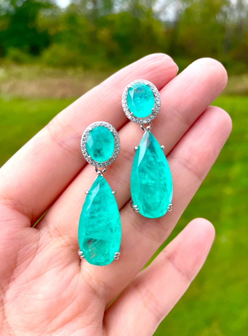 PARAIBA Blue Halo EARRING Dangle Drop Chandelier TOURMALINE Magnificent Exotic Neon Vivid Blue Color Exotic Neon Glow Blue Paraiba 18KGP image 10