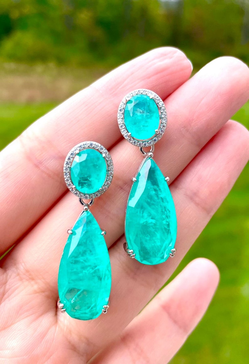 PARAIBA Blue Halo EARRING Dangle Drop Chandelier TOURMALINE Magnificent Exotic Neon Vivid Blue Color Exotic Neon Glow Blue Paraiba 18KGP image 1