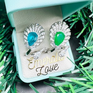 Feather Shape Green & Blue RING Luxury Ractangle Vibrant Green Emerald Halo Ring Aug Birthstone Emerald Ring Neon Glowing Adjustable Size6-8