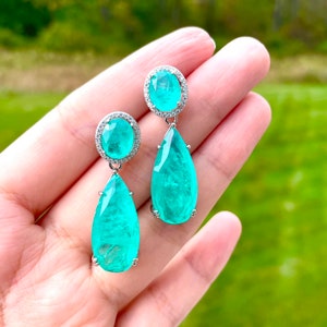 PARAIBA Blue Halo EARRING Dangle Drop Chandelier TOURMALINE Magnificent Exotic Neon Vivid Blue Color Exotic Neon Glow Blue Paraiba 18KGP image 6