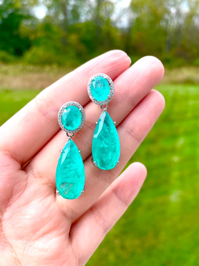 PARAIBA Blue Halo EARRING Dangle Drop Chandelier TOURMALINE Magnificent Exotic Neon Vivid Blue Color Exotic Neon Glow Blue Paraiba 18KGP image 6