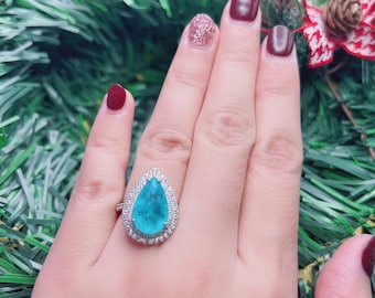 PARAIBA Blue/Ocean Blue Halo Vintage Ring, Magnificent Exotic Neon Blue/Vivid Glow Blue Color/ Glow Paraiba Blue Ring Adjustable Size 6-8