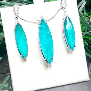 22ct PARAIBA Blue Jewelry Set Earring w Pendant Paraiba Color Magnificent Exotic Neon Vivid Blue Color Neon Glow Blue Paraiba Jewelry 18KGP
