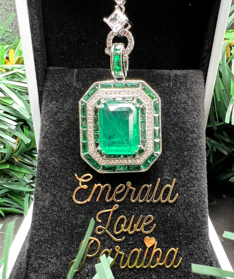Tennis Necklace w EMERALD Green Square Triple Halo Pendant, Luxury Vibrant Lucky Neon Glowing May Birthstone 18KGP