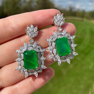 SimulatedEMERALD Earring Luxury Vibrant Green Emerald Chandelier Earring Dangle Drop Super Luxury Style, Neon Glowing Aug Birthstone 18KGP