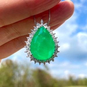 EMERALD Green Pear Luxury Vibrant Green Emerald Necklace Elegant Halo Pendant, Neon Glowing Silver Color Setting May Birthstone 18KGP