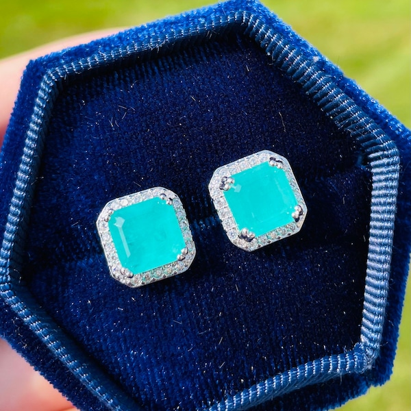 PARAIBA Blue Square Halo Earring Stud, Paraiba TOURMALINE Magnificent, Exotic Neon Vivid Blue Color, Neon Glow Blue Paraiba Jewelry 18KGP