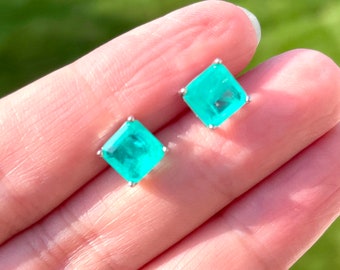 Geometric 7x7mm PARAIBA Blue/Ocean Blue EARRING Stud Magnificent Neon Vivid Blue Color Exotic Neon Glow Blue 18KGP