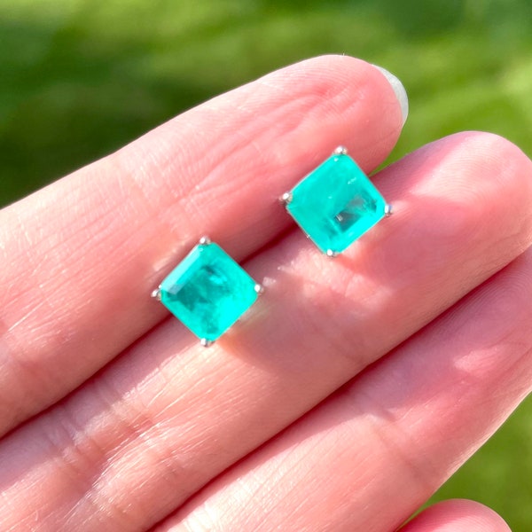 Geometric 7x7mm PARAIBA Blue/Ocean Blue EARRING Stud Magnificent Neon Vivid Blue Color Exotic Neon Glow Blue 18KGP