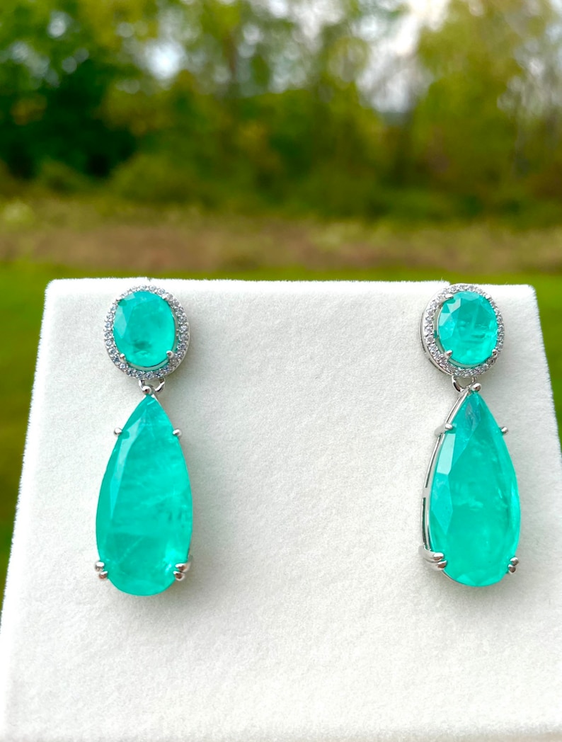 PARAIBA Blue Halo EARRING Dangle Drop Chandelier TOURMALINE Magnificent Exotic Neon Vivid Blue Color Exotic Neon Glow Blue Paraiba 18KGP image 2