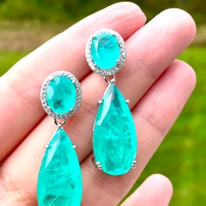 PARAIBA Blue Halo EARRING Dangle Drop Chandelier TOURMALINE Magnificent Exotic Neon Vivid Blue Color Exotic Neon Glow Blue Paraiba 18KGP image 4