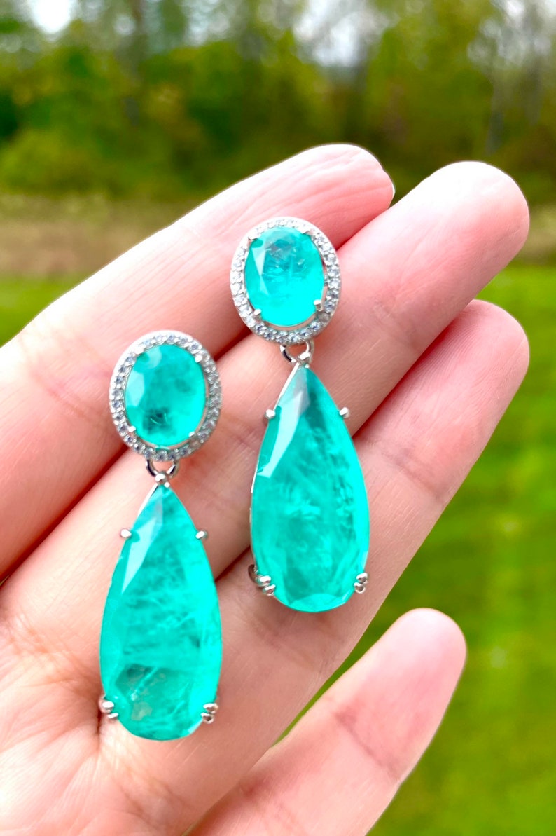 PARAIBA Blue Halo EARRING Dangle Drop Chandelier TOURMALINE Magnificent Exotic Neon Vivid Blue Color Exotic Neon Glow Blue Paraiba 18KGP image 4