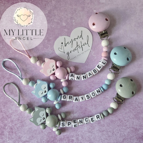 Sleeping Fox Personalised Dummy Clip | Baby Boy | Baby Girl | Unisex | Cute | Blue/Pink/Grey | Baby Shower Gift | Pacifier Chain | MAM