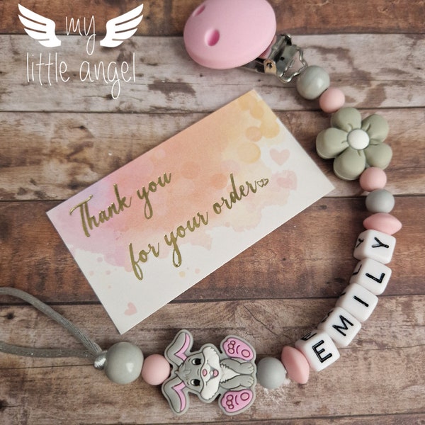 Beautiful Silicone/Wooden Bunny Pacifier Clip | Personalised Gift | Baby Girl | Pink & Grey | Flower | Dummy Clip | Baby Shower | MAM